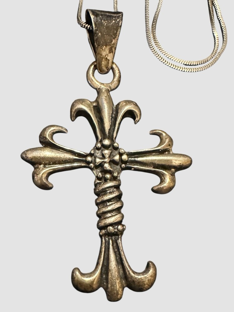 Sterling Silver Fleur De Lis Cross Gothic 25” Snake Chain