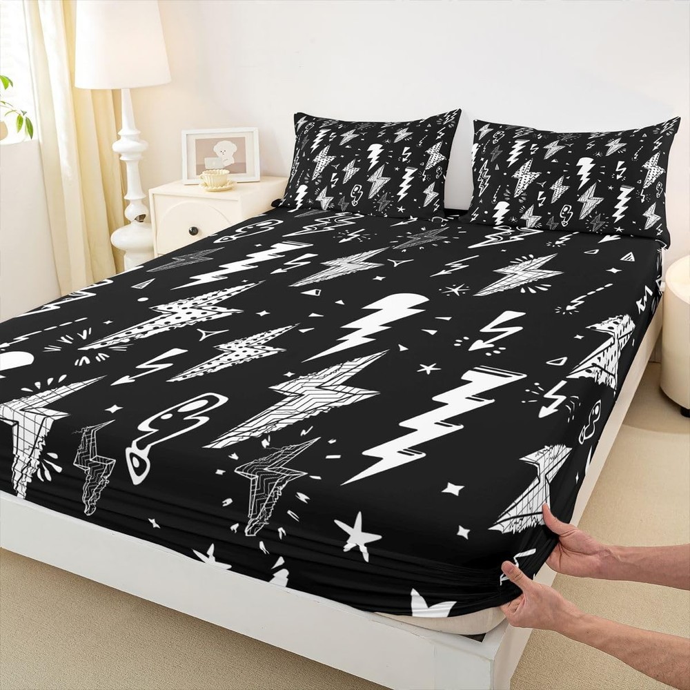 Lightning Fitted Sheet Hand Drawn Doodle Lightning Bolt Bedding Set 2pcs for ...