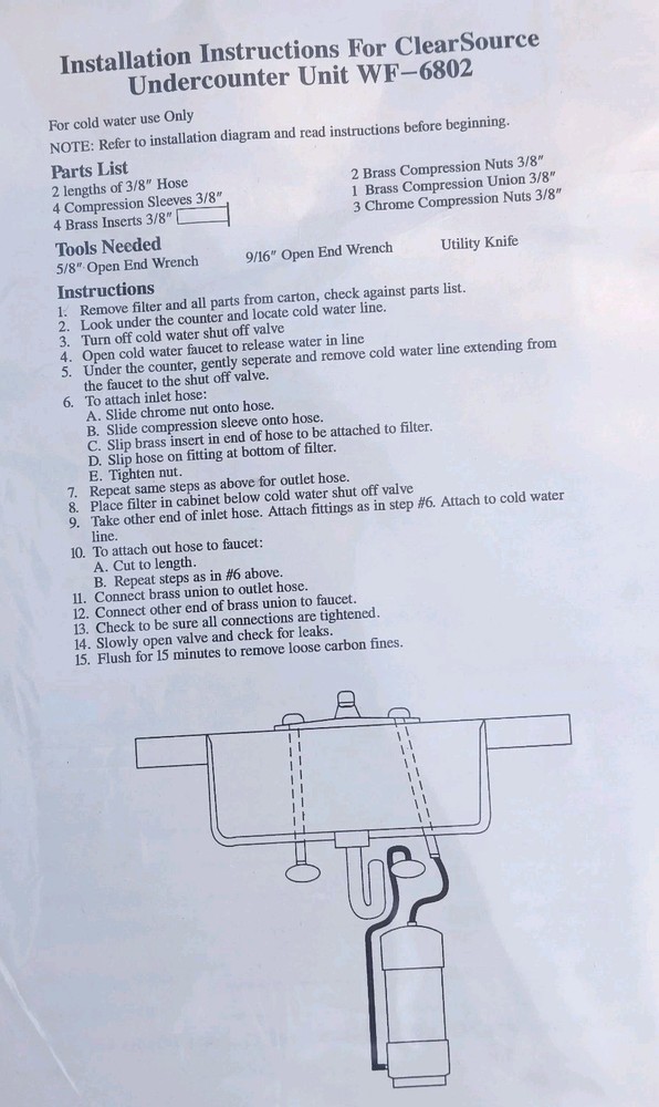 Rexall Clear Source Undercounter Tap Water Filter No 6802 Complete Install USA