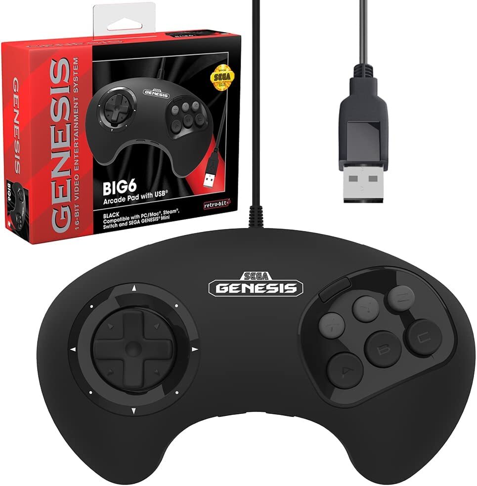 Retro-Bit BIG6 USB Arcade Controller Pad for Sega Genesis Mini, Switch, PC, Mac