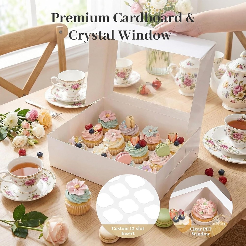 VGOODALL 3 White Window Cupcake Box 12 Count Holder