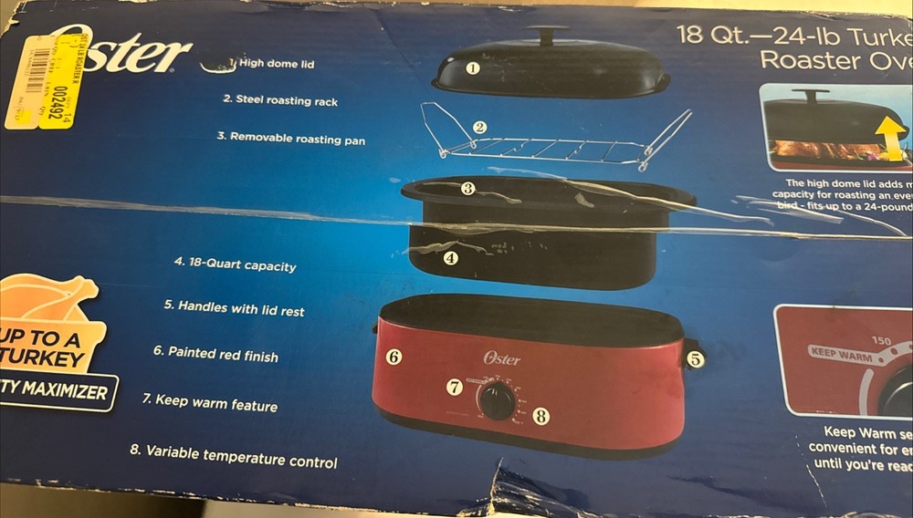 Oster 18 Quart, 24lb Turkey Roaster Oven Red With Keep Warm, Never Used