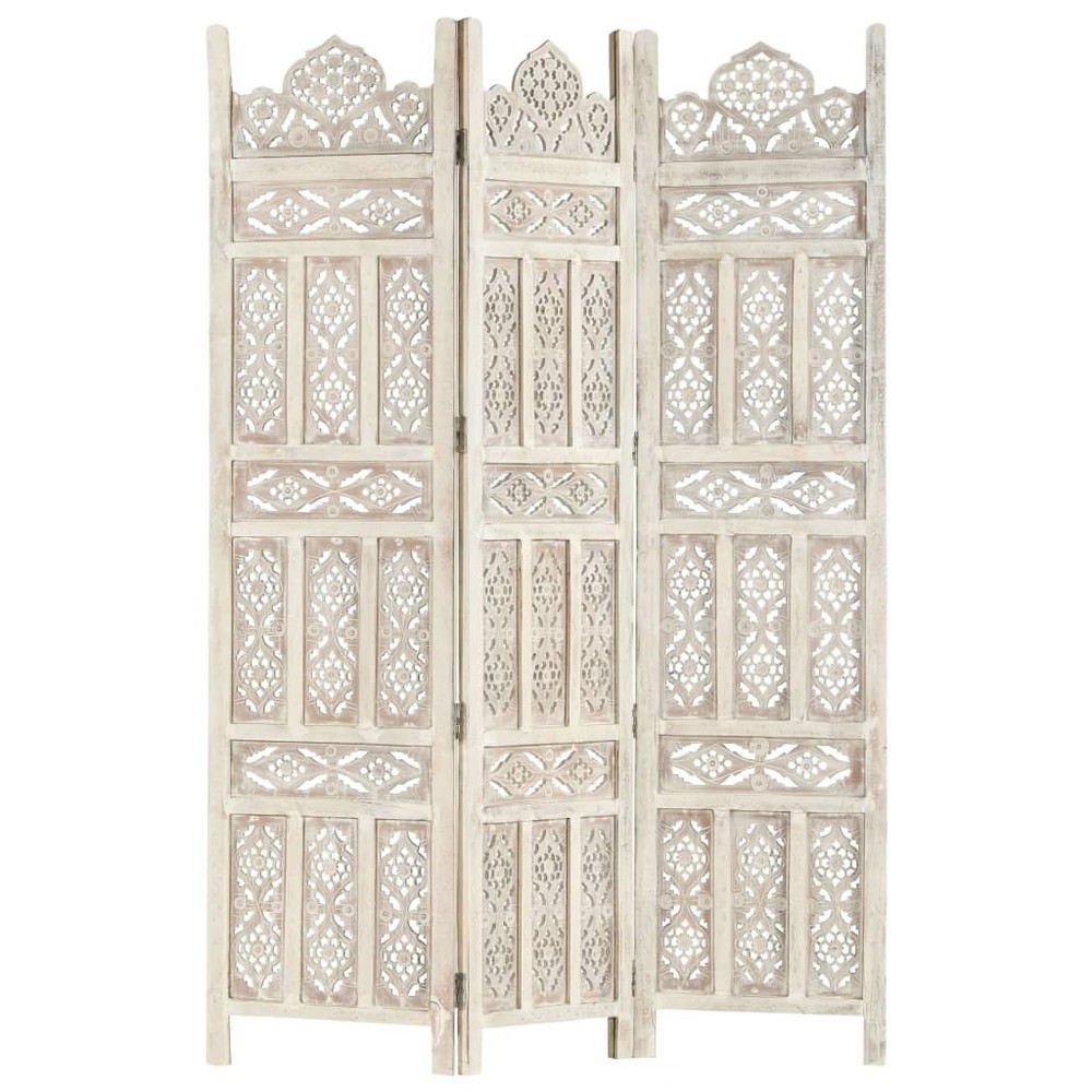 Hand carved 3-Panel Room Divider White 47.2"x65" Solid Mango Wood