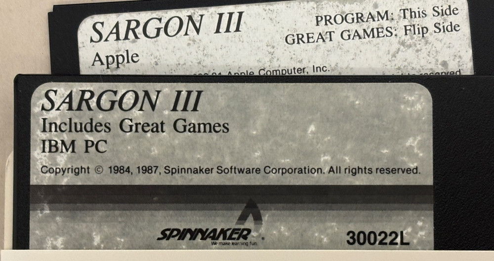 Sargon 3 III Computer Chess Software - Apple & IBM PC 5.25" Floppy Disk
