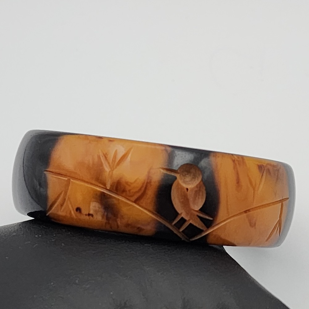 Vtg Bakelite Bangle Carved Bird On A Branch Butterscotch Black 7.5" Stackable